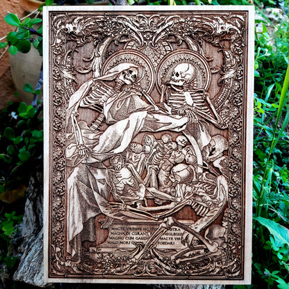 Intricately engraved gothic skeleton wood artwork with an antique anatomical design, perfect for dark decor and Memento Mori collectors.