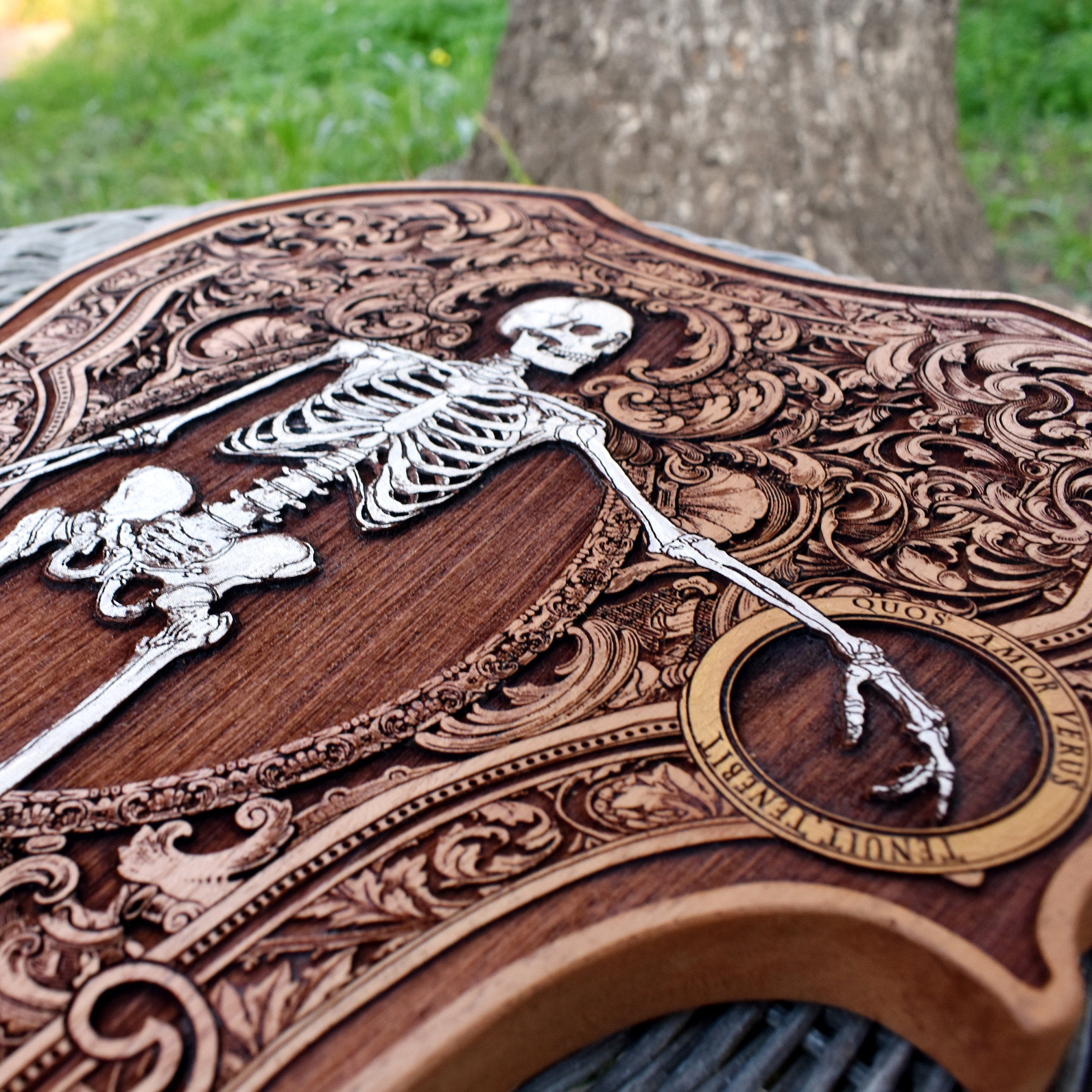 Violin-shaped gothic wood artwork, engraved and hand-painted on cedar. A stunning addition to dark, elegant home decor.
