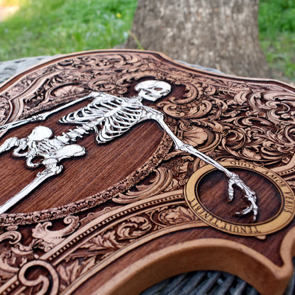 Violin-shaped gothic wood artwork, engraved and hand-painted on cedar. A stunning addition to dark, elegant home decor.