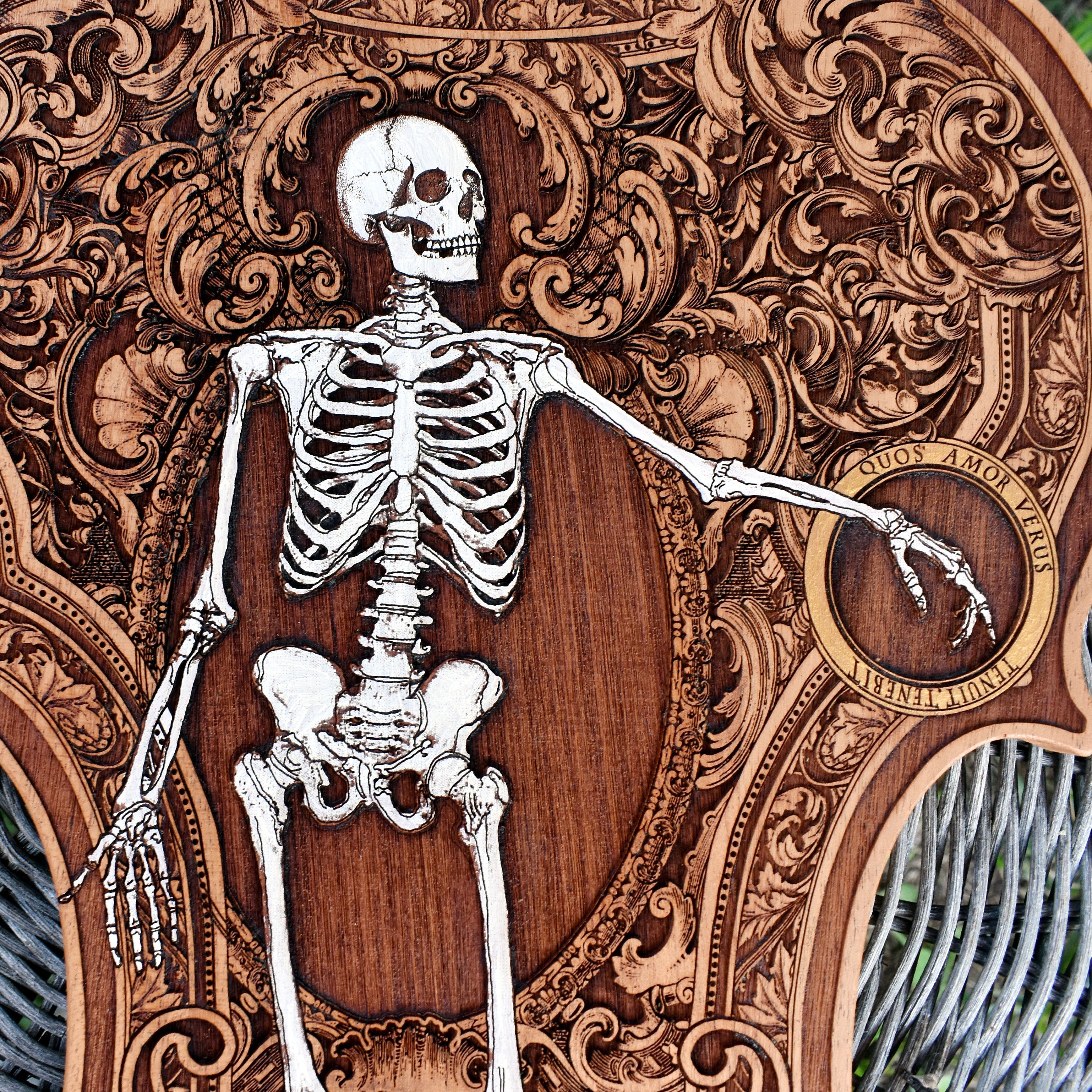 Gothic wedding gift idea – a violin-shaped wood wall art piece, custom engraved with names. Unique, handcrafted, and perfect for alternative couples.