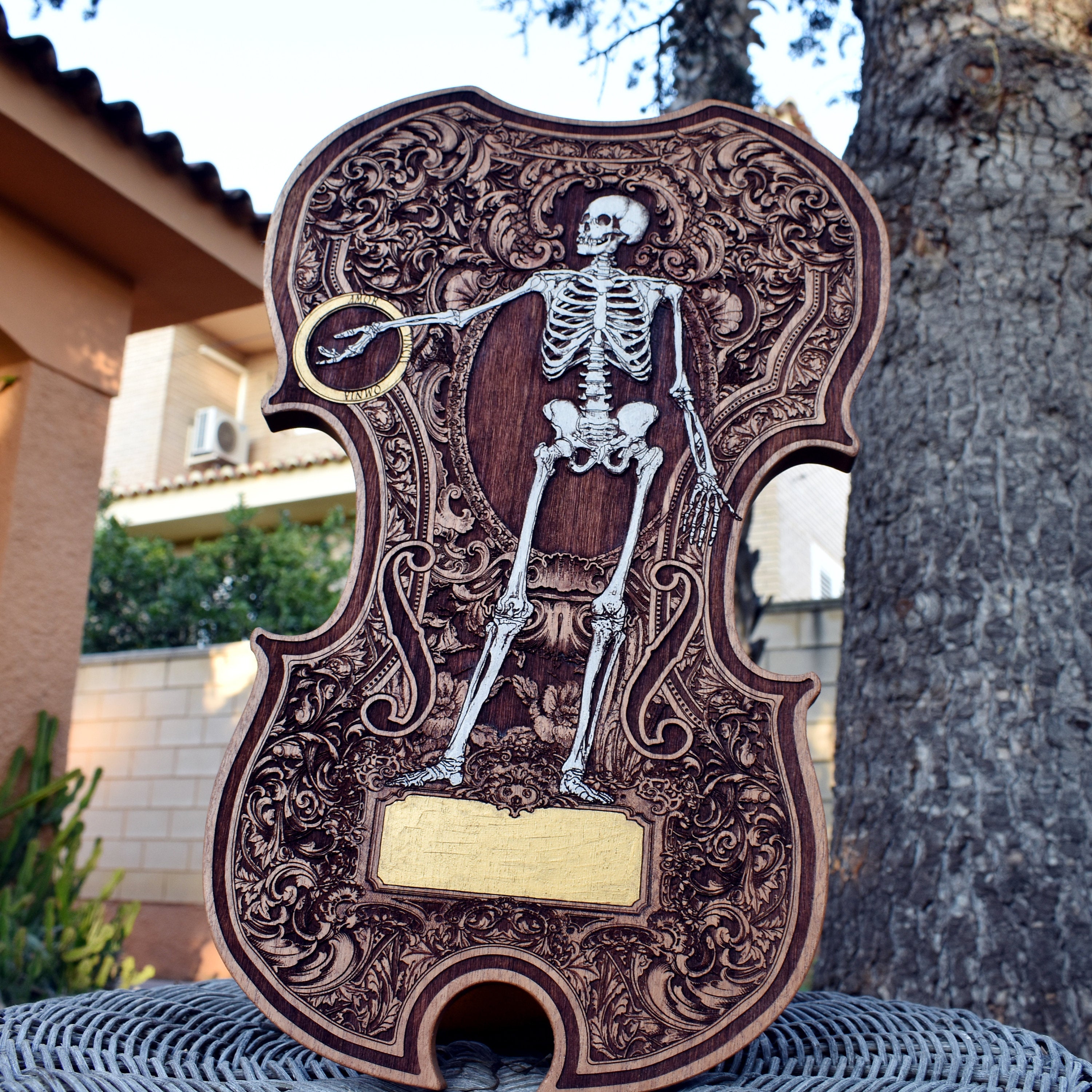 5-year wood anniversary gift: engraved violin wall décor for couples