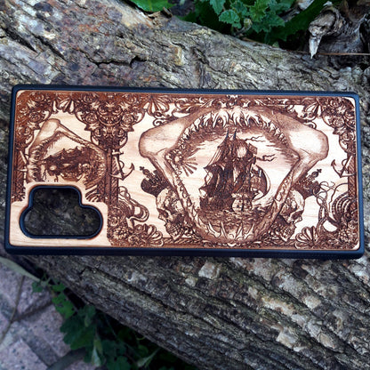 Wooden phone case with an intricate marine shark mandible design, featuring a detailed shipwreck and nautical elements. Laser-engraved on high-quality wood, this case is compatible with iPhone 16, iPhone 15, Samsung Galaxy S25, S24, and more. Perfect for ocean lovers and those seeking a unique, eco-friendly accessory.