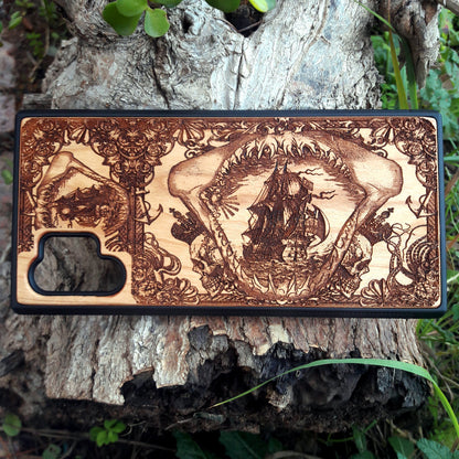 Wooden phone case with an intricate marine shark mandible design, featuring a detailed shipwreck and nautical elements. Laser-engraved on high-quality wood, this case is compatible with iPhone 16, iPhone 15, Samsung Galaxy S25, S24, and more. Perfect for ocean lovers and those seeking a unique, eco-friendly accessory.