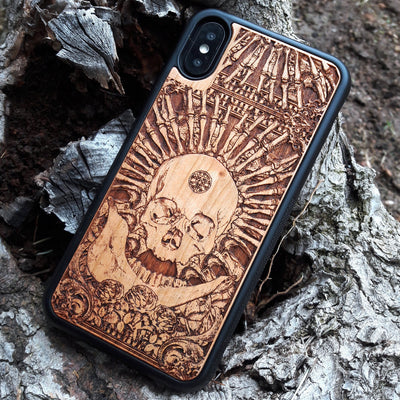 Wooden phone case with intricate gothic skull design, available for iPhone , iPhone 15, Galaxy S, Note 20, and more. Ideal for horror lovers and fans of unique, handcrafted accessories.