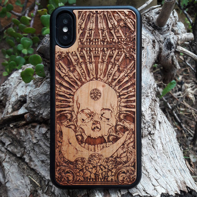 Wooden phone case with intricate gothic skull design, available for iPhone , iPhone 15, Galaxy S, Note 20, and more. Ideal for horror lovers and fans of unique, handcrafted accessories.