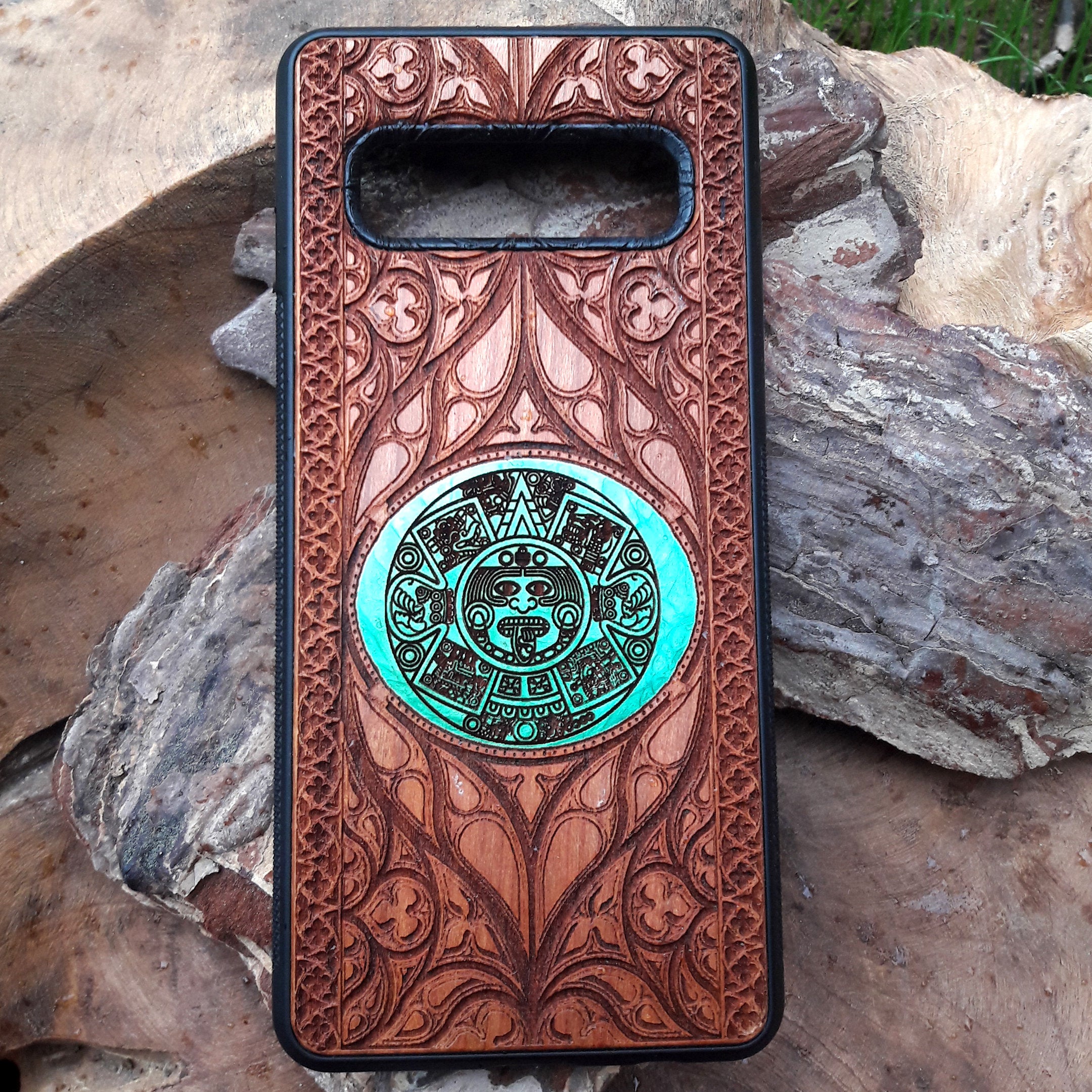 [wood aztec calendar phone case] - [Engravers Dungeon]