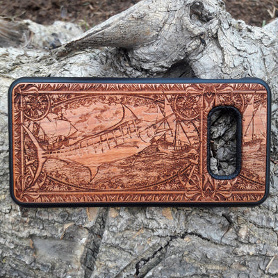 Wooden phone case featuring a detailed Blue Marlin fish design, perfect for iPhone , iPhone 15, Galaxy S, Note 20, and more. Ideal for lovers of nautical art and the ocean.