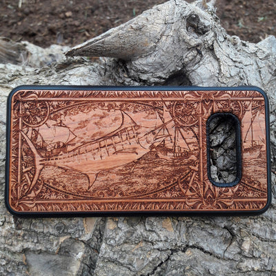 Wooden phone case featuring a detailed Blue Marlin fish design, perfect for iPhone , iPhone 15, Galaxy S, Note 20, and more. Ideal for lovers of nautical art and the ocean.