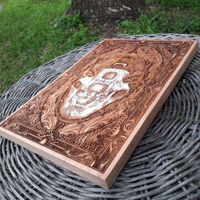 Engraved wood skull bear painting - handcrafted rustic gothic art