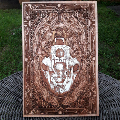 Hand-painted skull bear artwork on wood - gothic wildlife decor