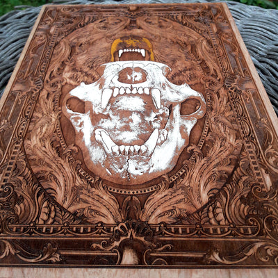 Gothic bear skull illustration on hand-painted wooden panel