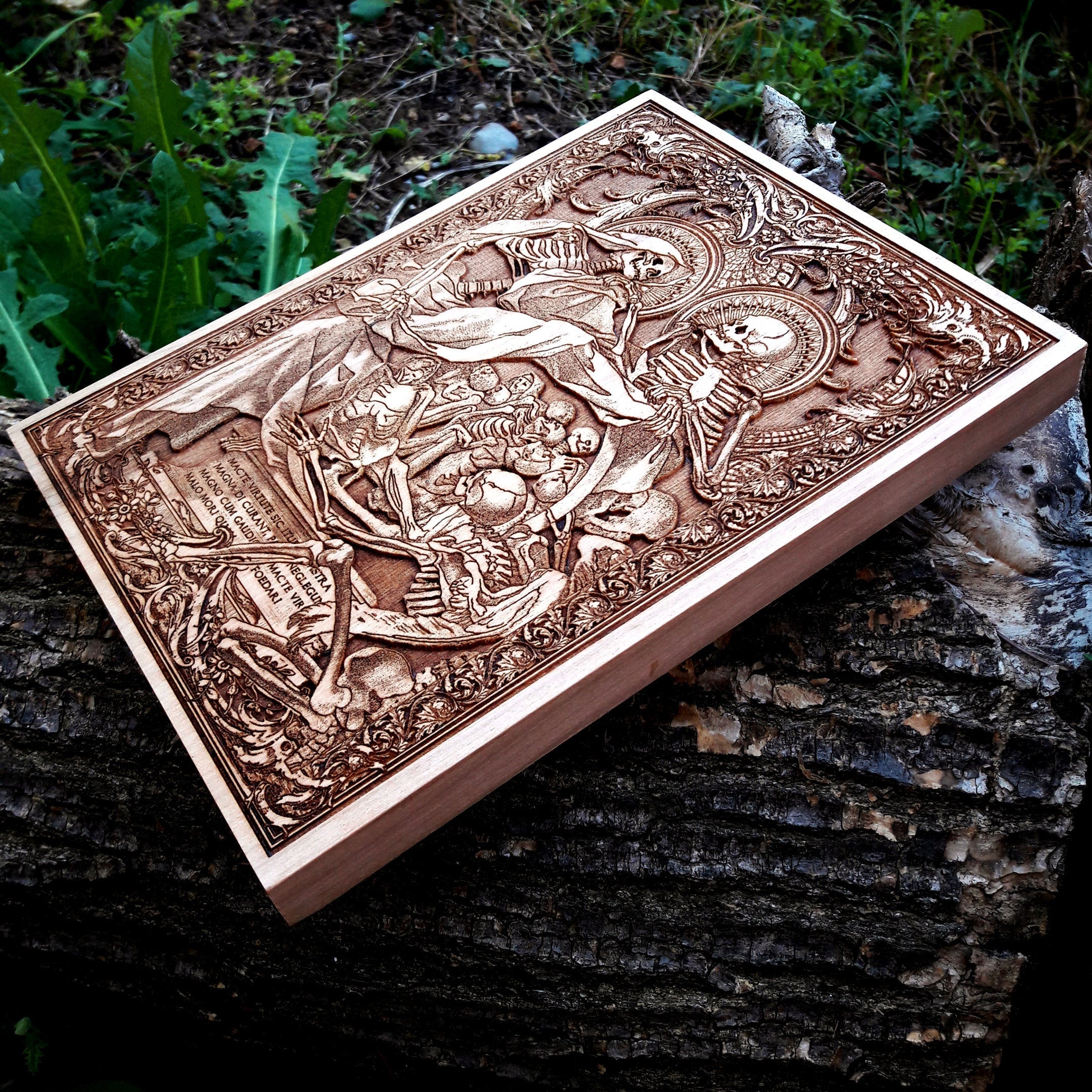 Dark, macabre wood wall art featuring a detailed Memento Mori skeleton engraving—ideal for gothic, horror, and alternative home decor lovers.