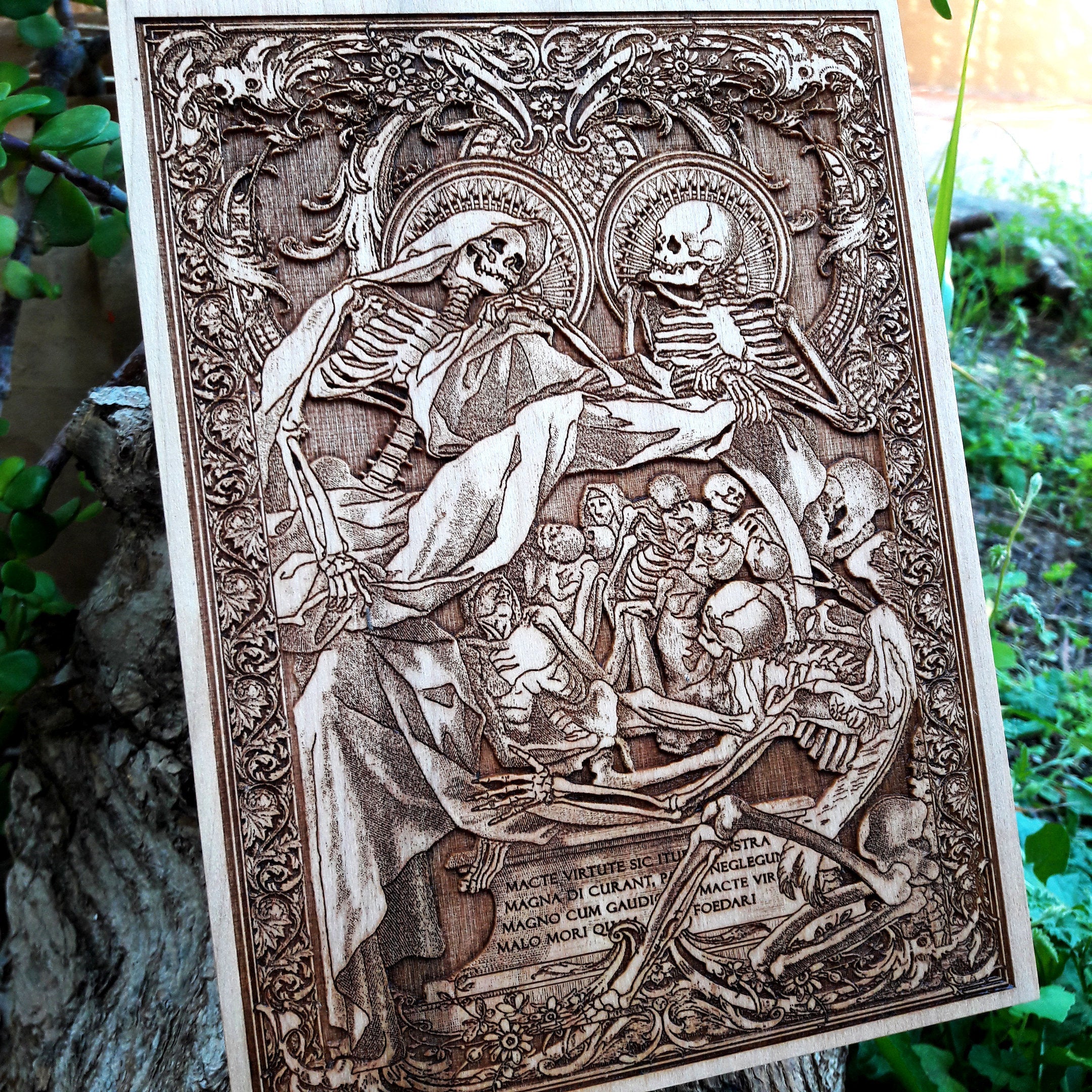 Handmade skeleton wood engraving inspired by vintage medical illustrations – a stunning gothic art piece for unique wall decor.