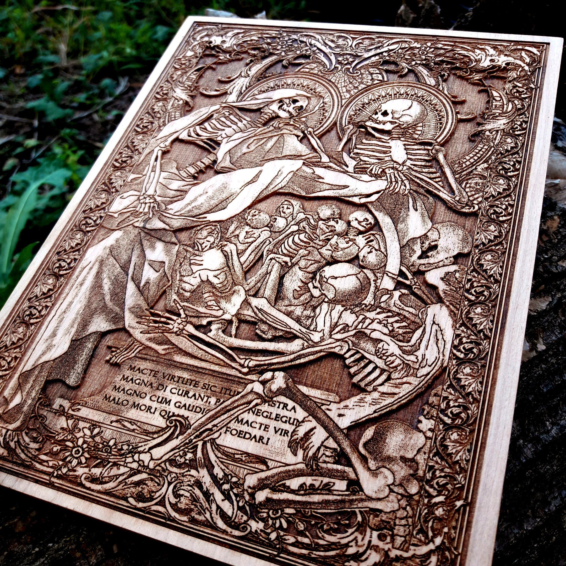 Handmade skeleton wood engraving inspired by vintage medical illustrations – a stunning gothic art piece for unique wall decor.
