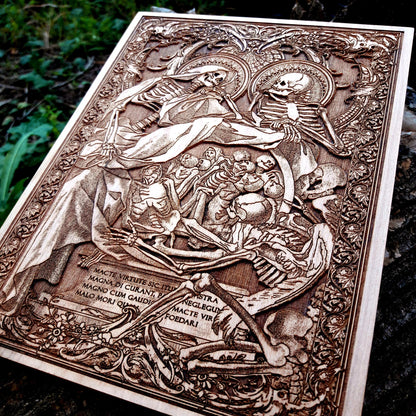 Handmade skeleton wood engraving inspired by vintage medical illustrations – a stunning gothic art piece for unique wall decor.