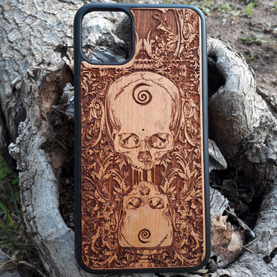 Wooden phone case with a detailed praying skeleton design, carved for iPhone , iPhone 15, Galaxy S, Galaxy S24, and other models. A gothic and artistic phone accessory, offering unique style and durable protection.