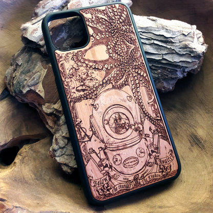 Wooden phone case featuring a detailed deep-sea diver and kraken design, laser-engraved for iPhone 16, iPhone 15, Samsung Galaxy S25, and other models. A must-have for fans of nautical and mythical art.