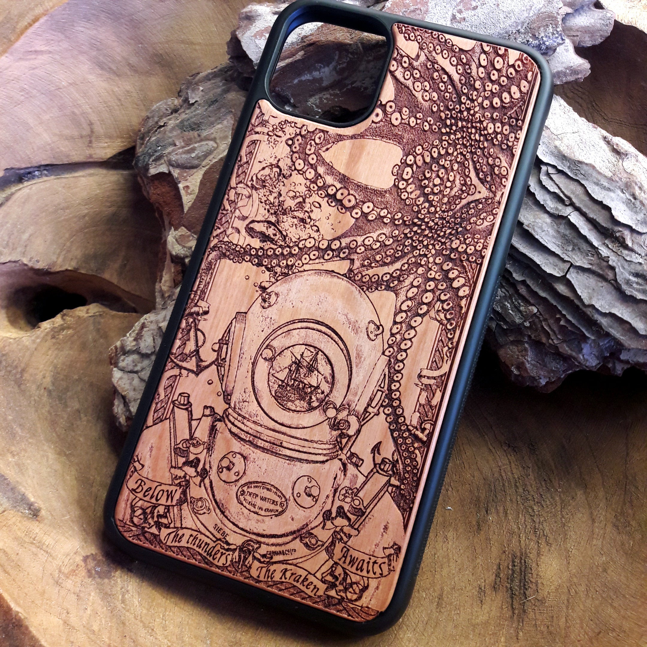Wooden phone case featuring a detailed deep-sea diver and kraken design, laser-engraved for iPhone 16, iPhone 15, Samsung Galaxy S25, and other models. A must-have for fans of nautical and mythical art.