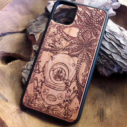 Wooden phone case featuring a detailed deep-sea diver and kraken design, laser-engraved for iPhone 16, iPhone 15, Samsung Galaxy S25, and other models. A must-have for fans of nautical and mythical art.