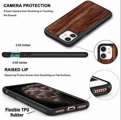 Laser-engraved wooden phone case featuring a detailed skull design, compatible with iPhone 16, iPhone 15, Galaxy S25, and more.