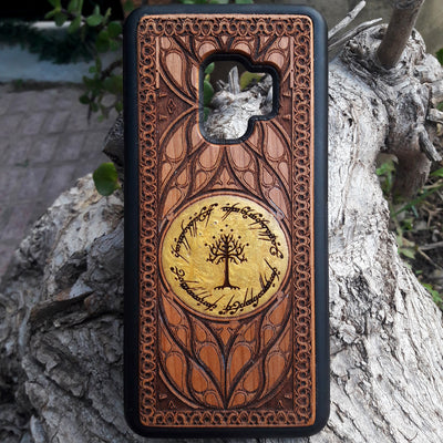 Handmade wood phone case featuring Lord of the Rings symbol engraving