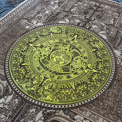 Mayan-inspired wood wall plaque with Aztec calendar design