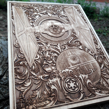 High-Detail TIE Fighter Wood Engraving – Perfect for Sci-Fi Enthusiasts