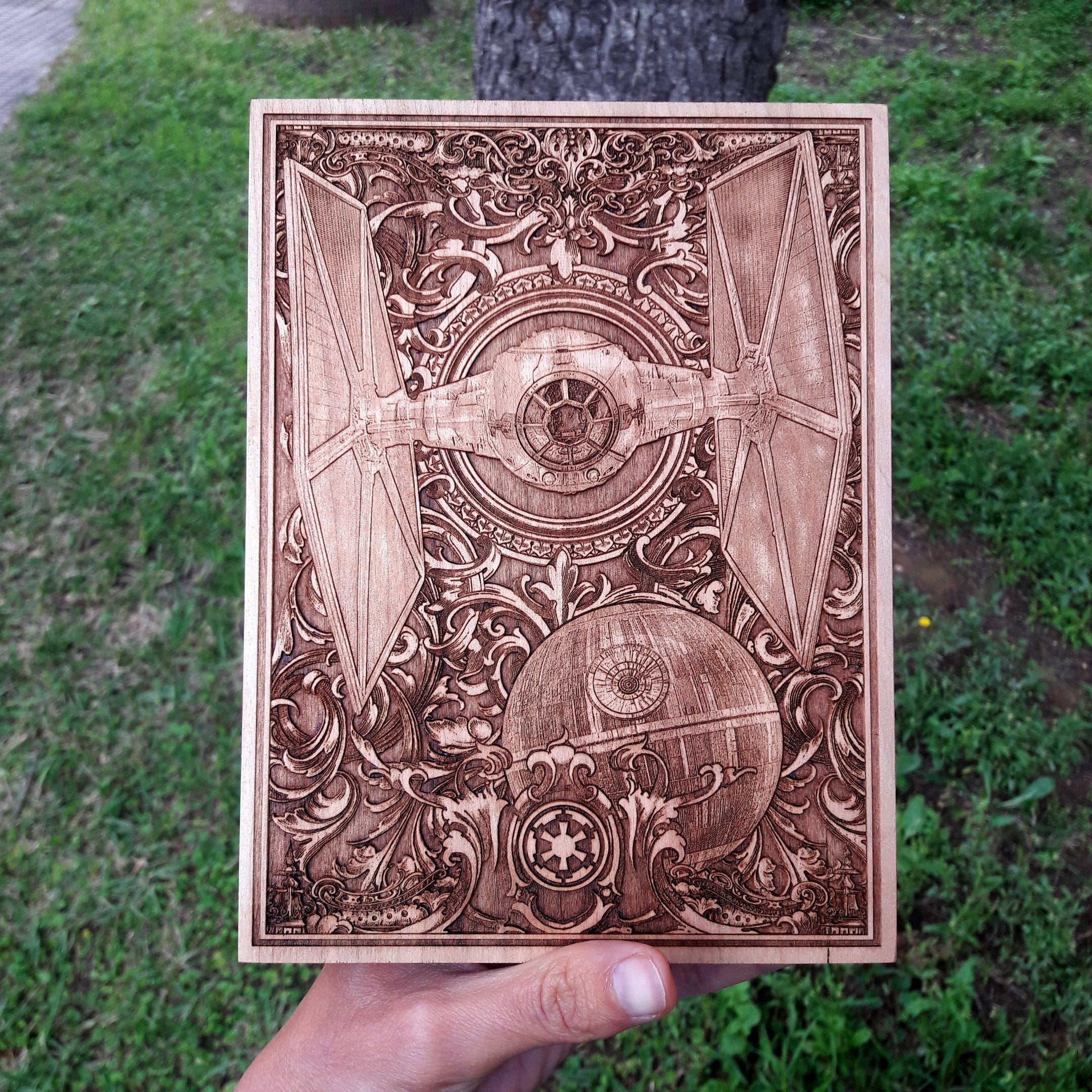 Unique Sci-Fi Gift – Star Wars TIE Fighter Laser-Engraved Wood Art