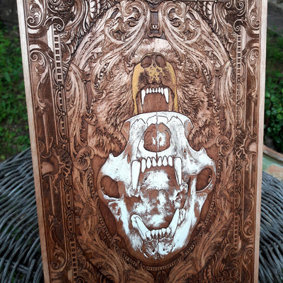 Detailed skull bear artwork on natural wood - unique dark decor