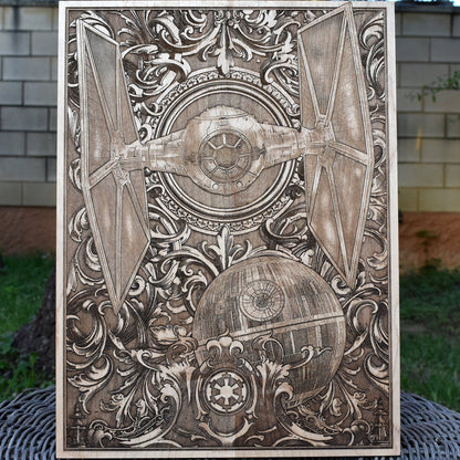 Laser-engraved TIE Fighter wall art on wood, perfect Star Wars gift.