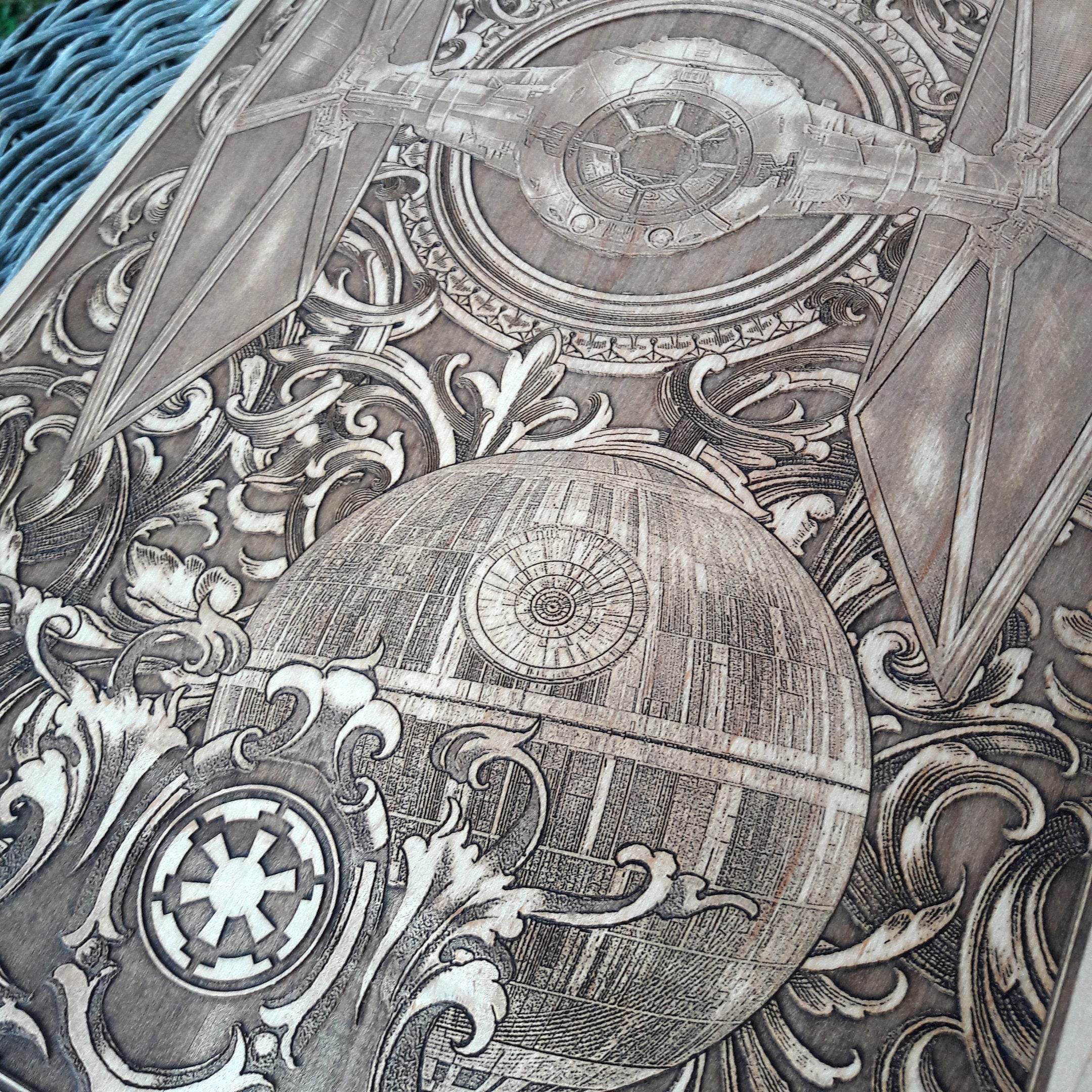 Wooden TIE Fighter decor inspired by Star Wars for sci-fi lovers.