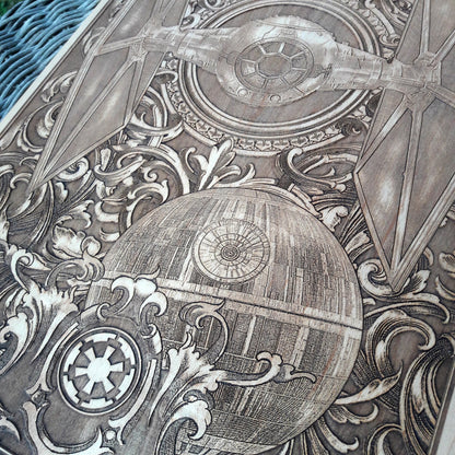 Wooden TIE Fighter decor inspired by Star Wars for sci-fi lovers.