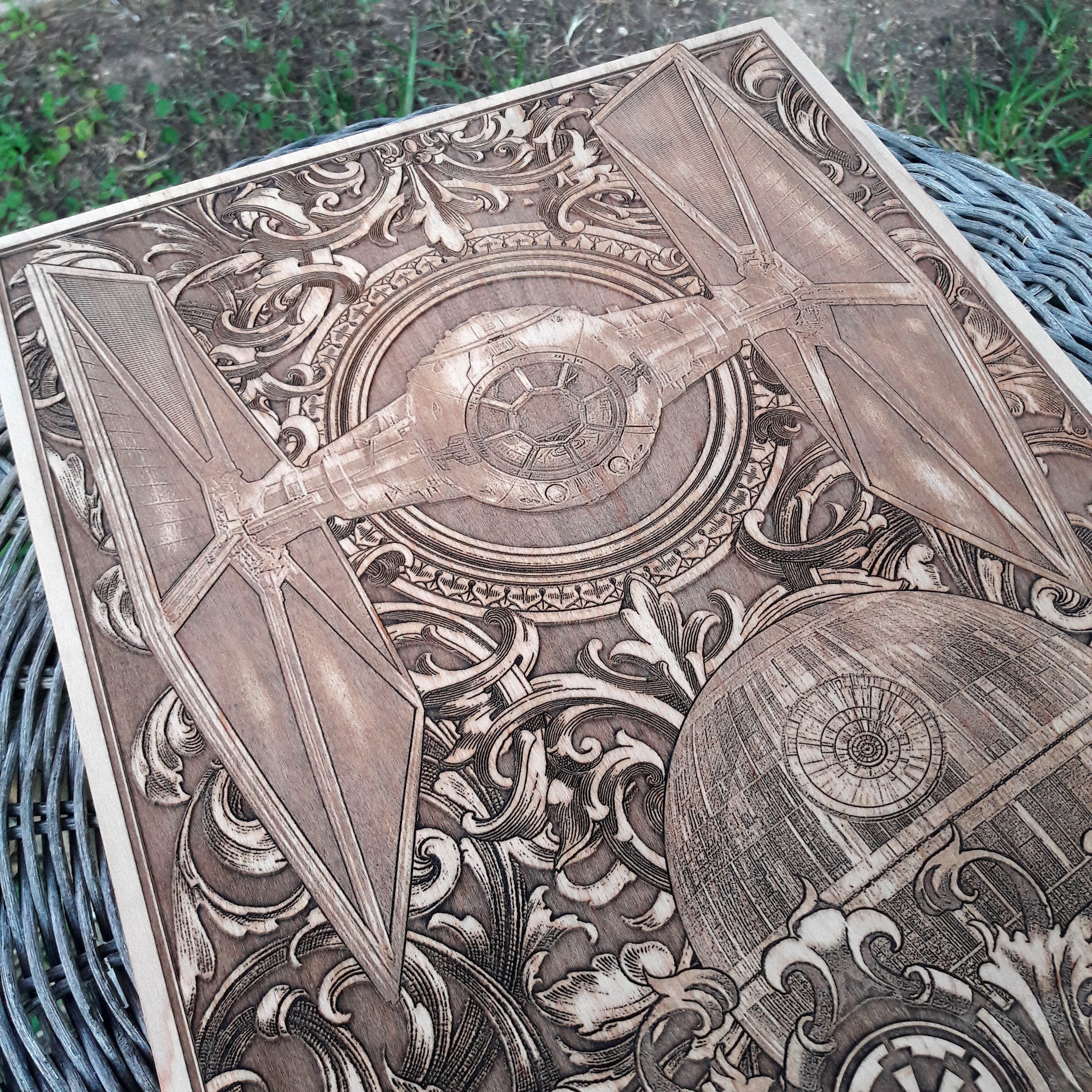 Unique wood gift featuring TIE Fighter from the Star Wars saga.