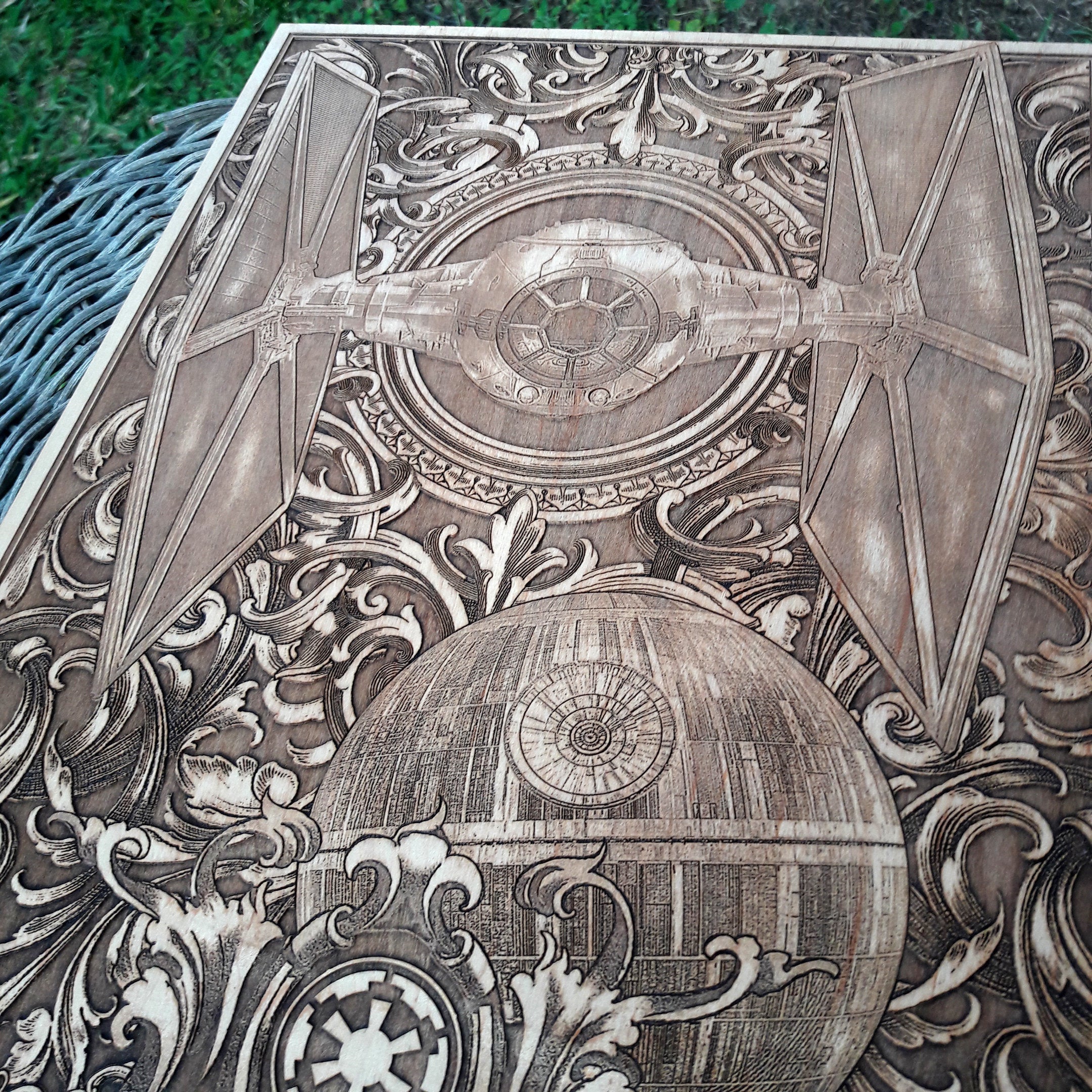 Detailed TIE Fighter laser engraving, perfect for Star Wars rooms