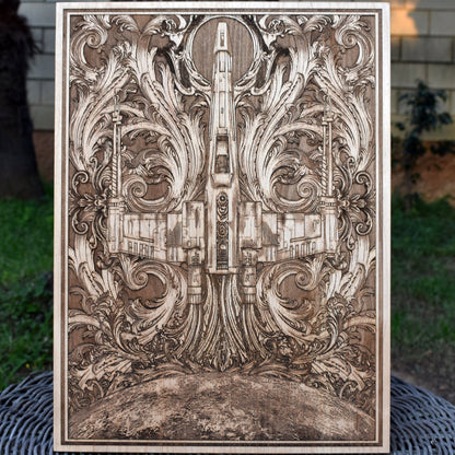 Laser-engraved X-Wing starfighter wood wall art, perfect for Star Wars fans.