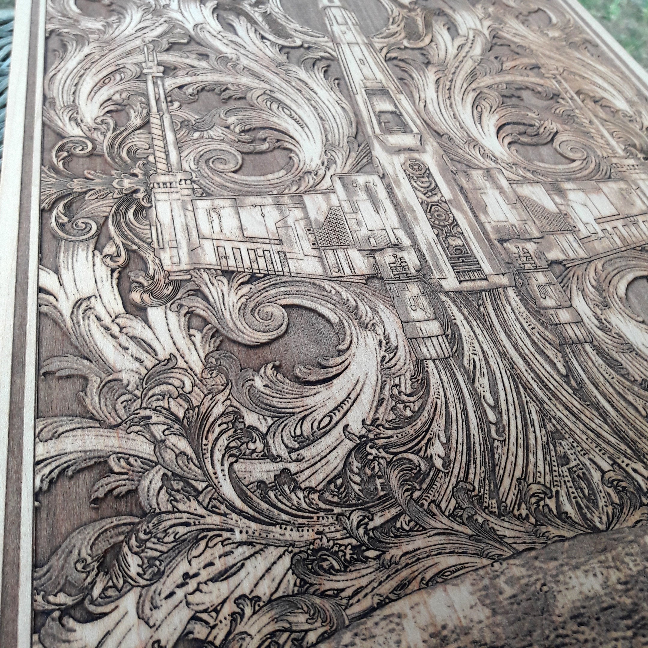 Engraved wood panel of X-Wing ship, gift idea for sci-fi enthusiasts.