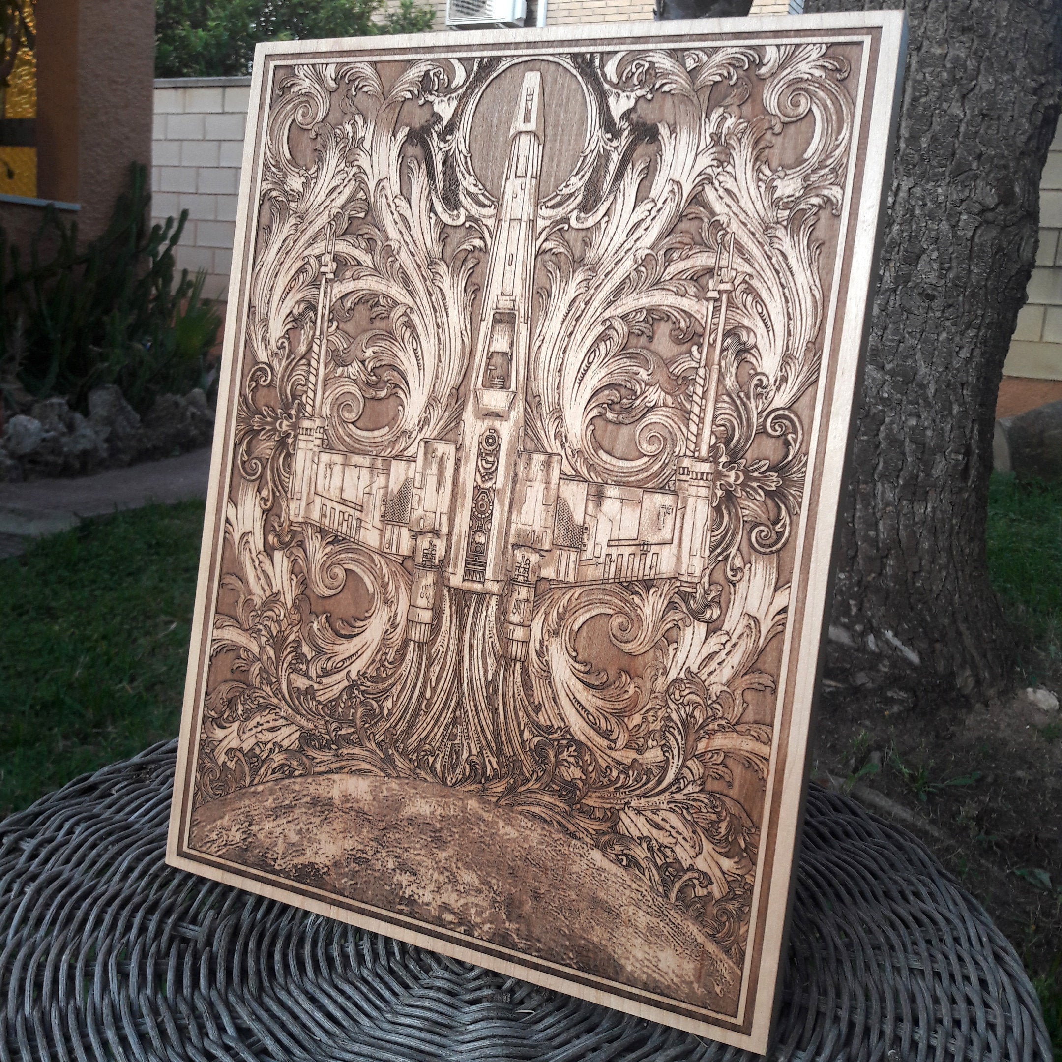 X-Wing starfighter wall art laser etched on wood, Star Wars nerd gift.