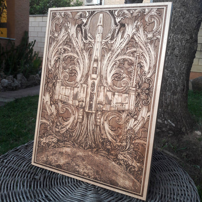 X-Wing starfighter wall art laser etched on wood, Star Wars nerd gift.