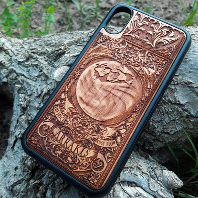 Arrakis Dune-inspired wood phone case featuring the iconic planet and "The Spice Must Flow" phrase, compatible with iPhone , 15, 14, 13, 12, 11 Pro Max Mini, Samsung Galaxy S, S24, S23, S22, S21, S20 Ultra Plus, and Note 20. Unique laser-engraved design