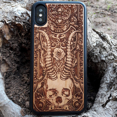 Beelzebub skull wood phone case, gothic occult design, laser engraved