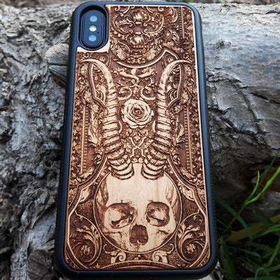 Unique occult wood phone case with Beelzebub skull engraving, perfect for collectors