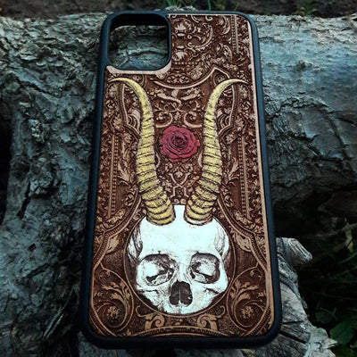 Unique cherry wood phone cover - hand-painted & laser engraved for iPhone Galaxy
