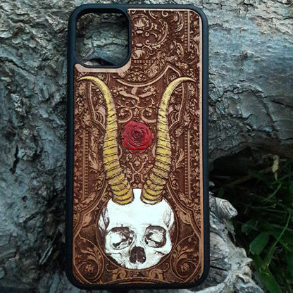 Hand-painted cherry wood phone case for iPhone 16, Galaxy S25 - engraved design