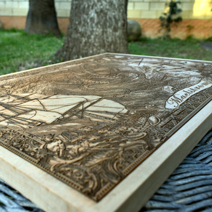 Dark nautical wall art with engraved maelstrom storm waves
