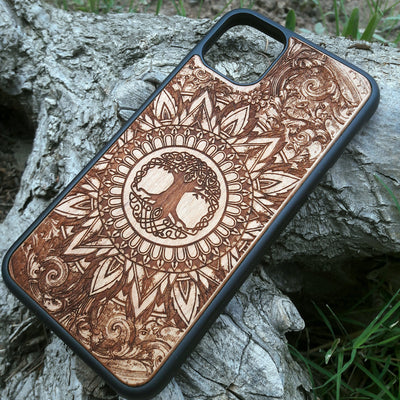 Custom engraved wooden phone case with an intricate, hand-crafted design. Compatible with iPhone , 15, 14, 13, 12, 11 Pro Max Mini and Samsung Galaxy S, S24, S23, S22, S21, S20 Ultra, Plus, Note 20. Durable, slim, and personalized for those seeking a unique and stylish phone accessory.