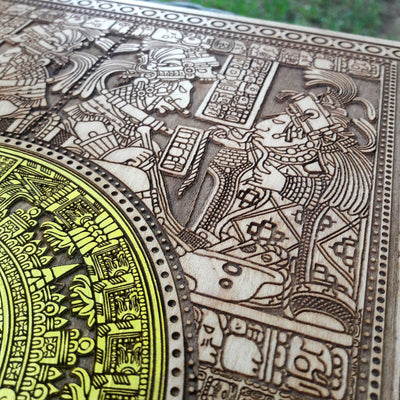 Rustic wooden Aztec calendar wall decor for living room