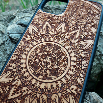 Wooden phone case featuring a detailed, laser-engraved Flower of Life design with intricate mandala patterns. Slim, durable, and compatible with iPhone 16, 15, 14, 13, 12, 11 Pro Max Mini and Samsung Galaxy S25, S24, S23, S22, S21, S20 Ultra Plus, Note 20. Perfect for those who appreciate sacred geometry and natural aesthetics.