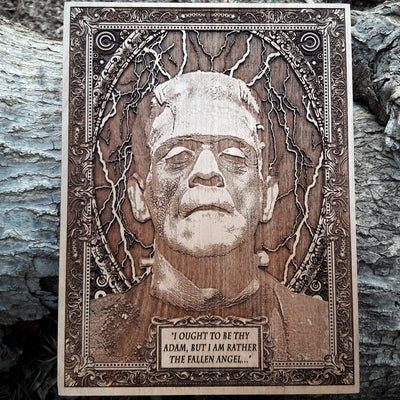 Handmade wooden artwork 'Frankenstein Monster - Mini' – wood gift for 5 year anniversary, wedding present, gift for him or her, romantic handcrafted decor