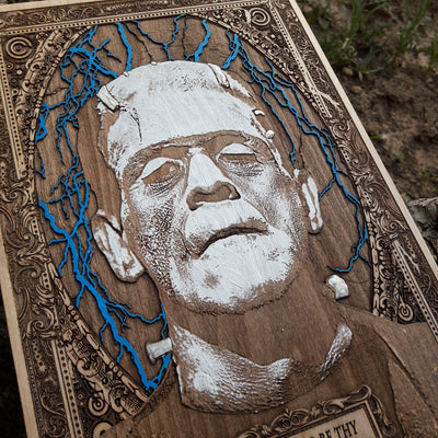 Frankenstein horror movie artwork on wood, perfect for collectors.