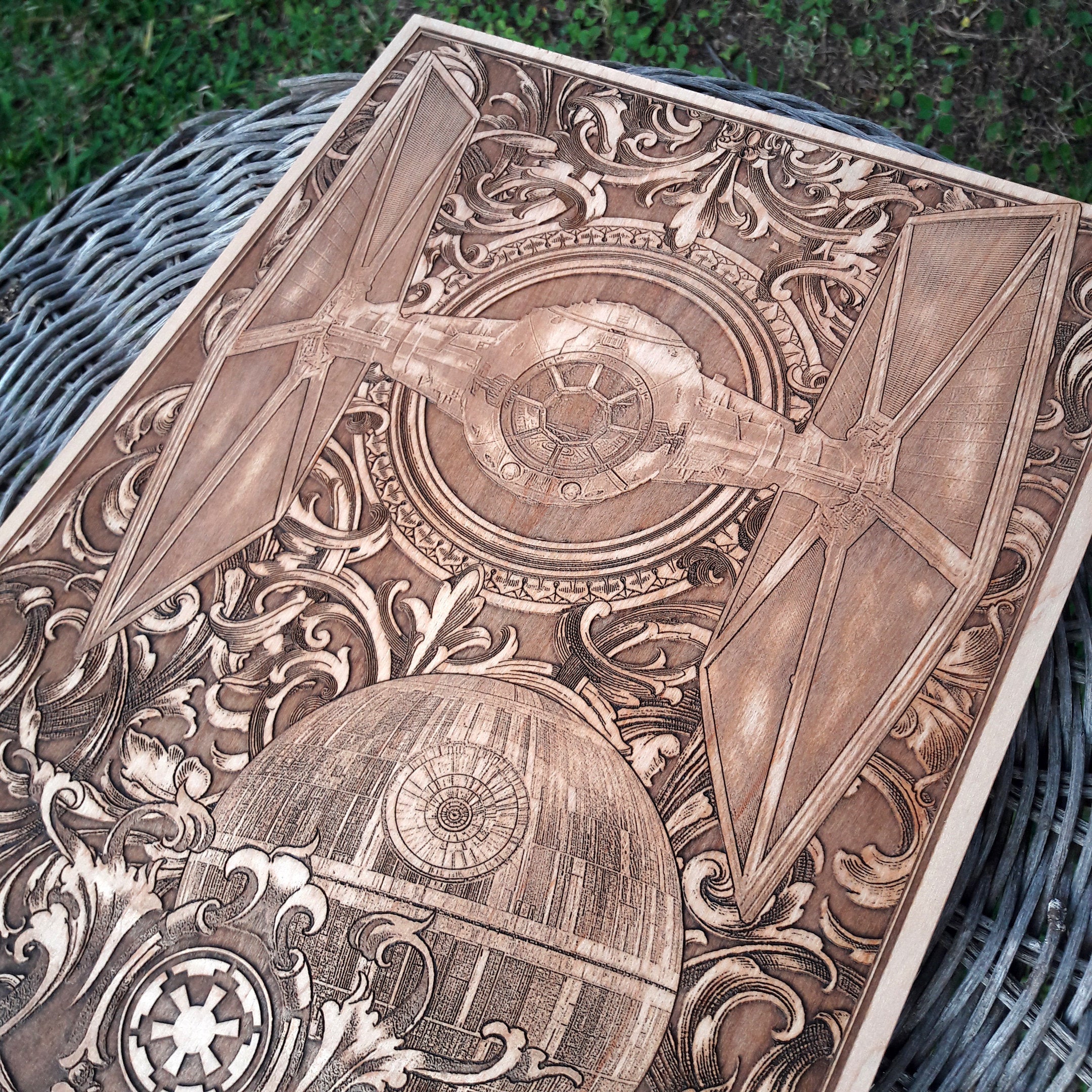 Star Wars TIE Fighter wood artwork, ideal for collectors and fans.